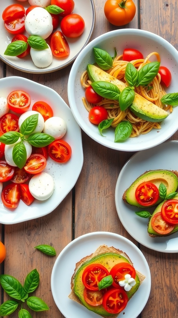 A colorful display of Caprese salad, tomato basil pasta, and avocado toast on a wooden table.
